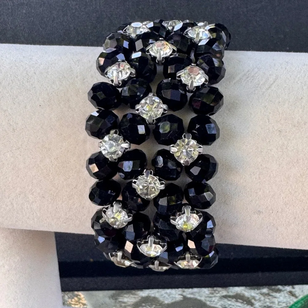 Beaded Stretch Bracelet Black‎ Faceted Crystal Rhinestone Statement Jewelry